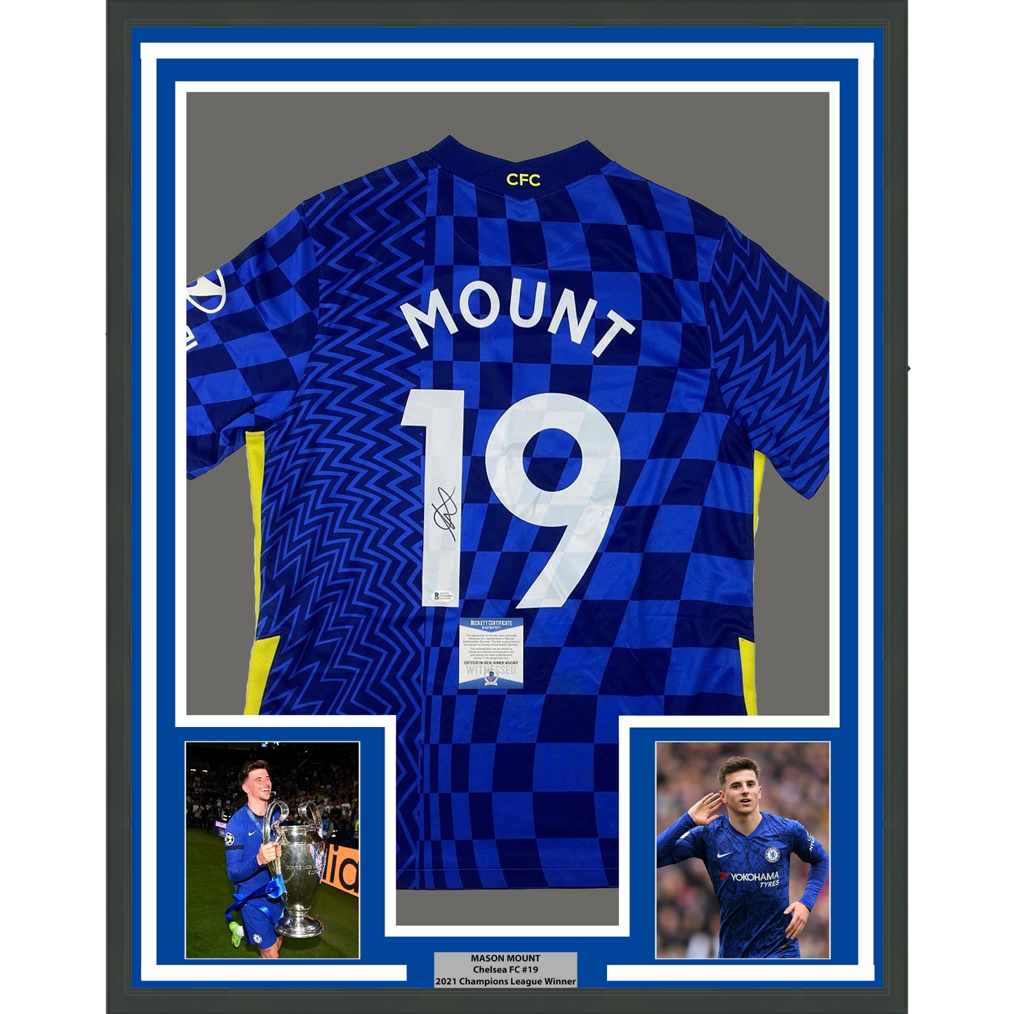 Framed Autographed/Signed Mason Mount 35x39 Chelsea FC Blue Soccer Futbol Jersey Beckett BAS COA