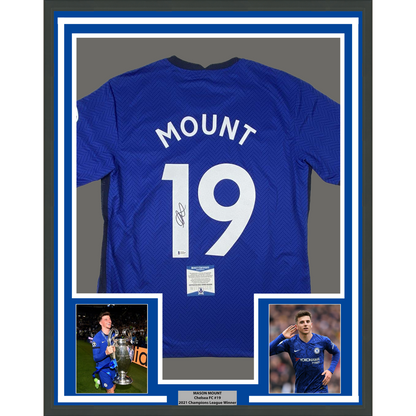 Framed Autographed/Signed Mason Mount 35x39 Chelsea FC Blue Soccer Futbol Jersey Beckett BAS COA #2