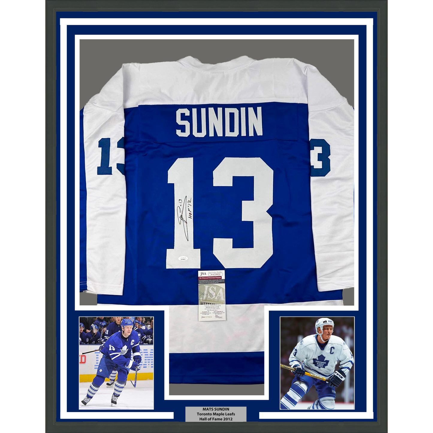 Framed Autographed/Signed Mats Sundin 35x39 HOF 12 Toronto Blue Hockey Jersey JSA COA