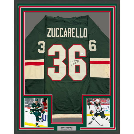 Framed Autographed/Signed Mats Zuccarello 35x39 Minnesota Green Hockey Jersey Beckett BAS COA
