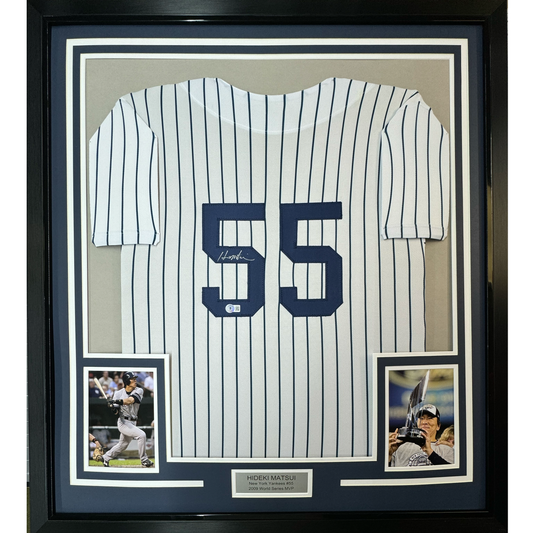 Framed Autographed/Signed Hideki Matsui 35x39 New York Pinstripe Baseball Jersey Beckett BAS COA