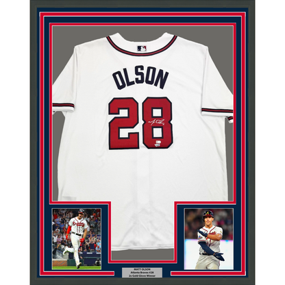 Framed Autographed/Signed Matt Olson 35x39 Atlanta Braves White Baseball Jersey Fanatics COA