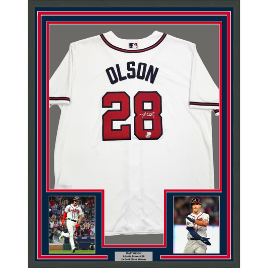 Framed Autographed/Signed Matt Olson 35x39 Atlanta Braves White Baseball Jersey Fanatics COA