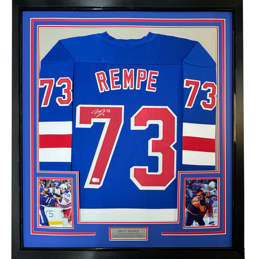 Framed Autographed/Signed Matt Rempe 35x39 New York Blue Hockey Jersey Beckett BAS COA