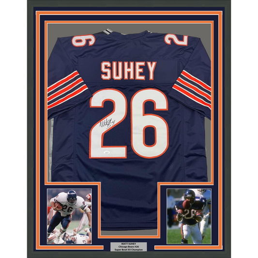 Framed Autographed/Signed Matt Suhey Chicago 35x39 Blue Football Jersey JSA COA