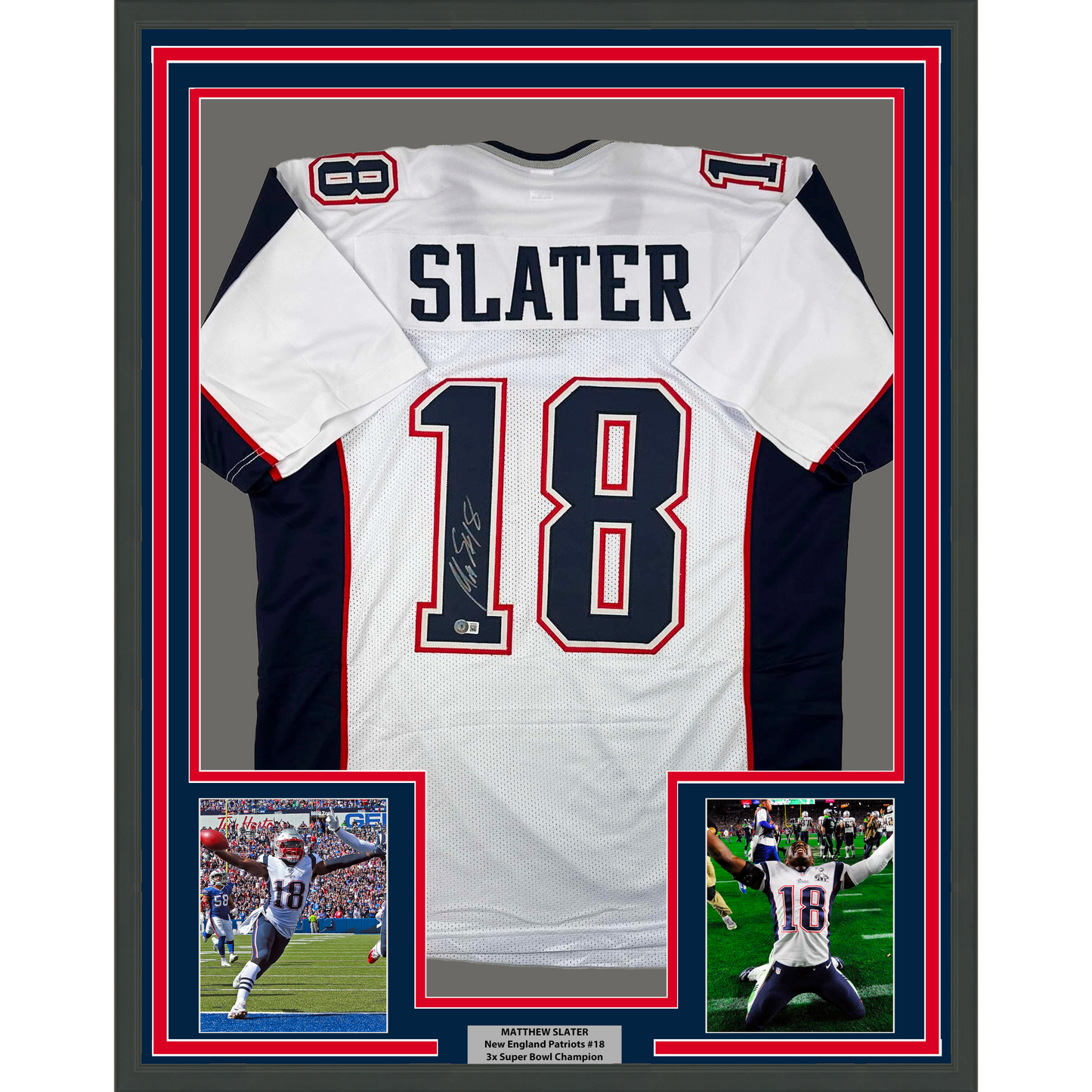 Framed Autographed/Signed Matthew Slater 35x39 New England White Football Jersey Beckett BAS COA