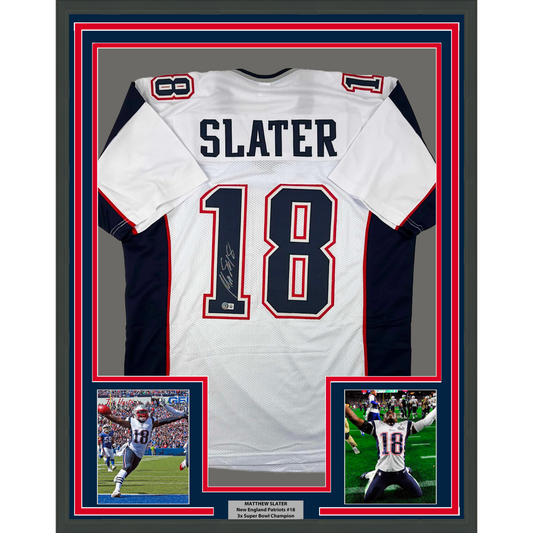 Framed Autographed/Signed Matthew Slater 35x39 New England White Football Jersey Beckett BAS COA