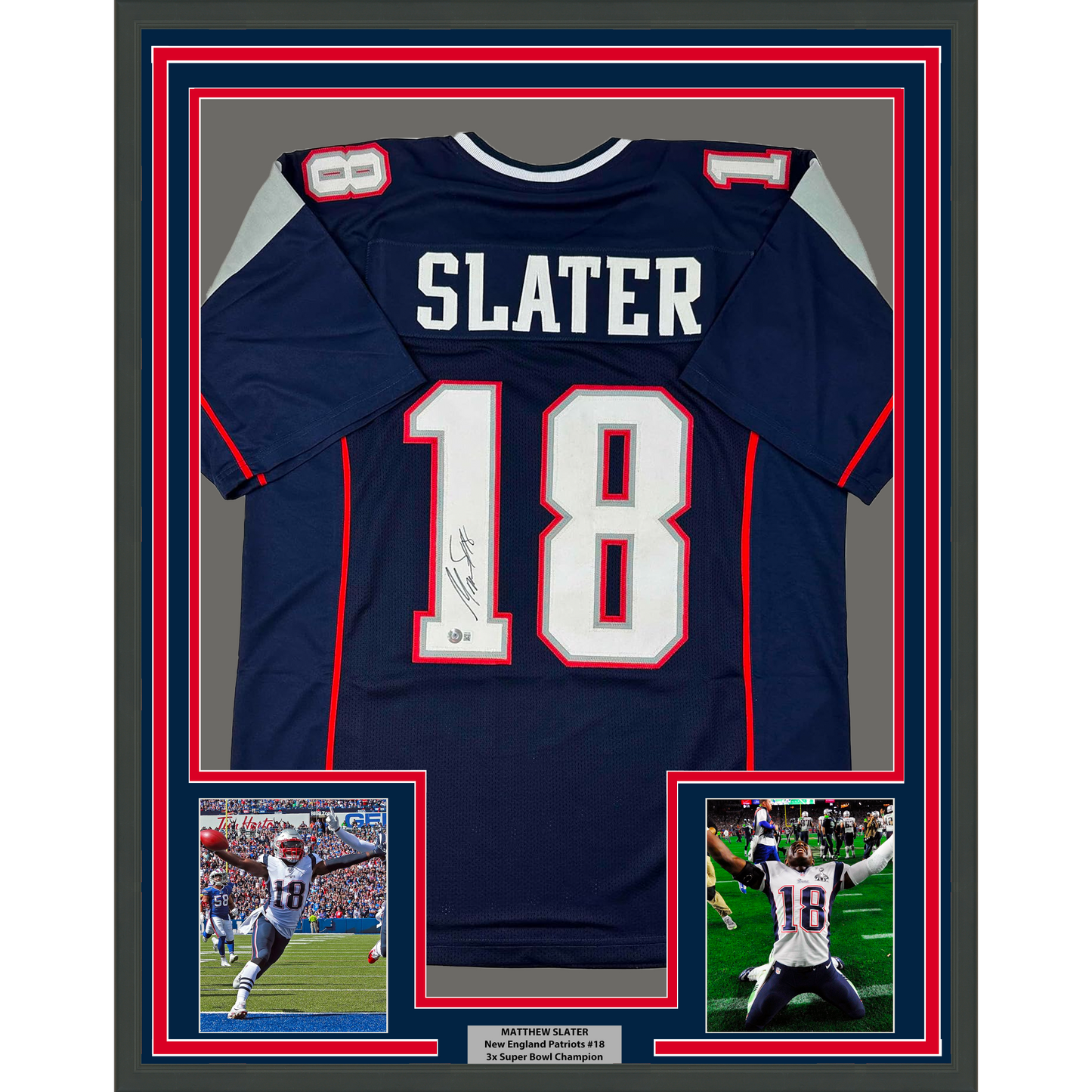 Framed Autographed/Signed Matthew Slater 35x39 New England Blue Football Jersey Beckett BAS COA