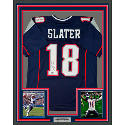 Framed Autographed/Signed Matthew Slater 35x39 New England Blue Football Jersey Beckett BAS COA