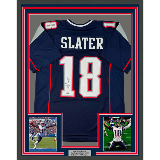 Framed Autographed/Signed Matthew Slater 35x39 New England Blue Football Jersey Beckett BAS COA