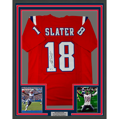 Framed Autographed/Signed Matthew Slater 35x39 New England Red Football Jersey Beckett BAS COA