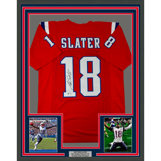 Framed Autographed/Signed Matthew Slater 35x39 New England Red Football Jersey Beckett BAS COA
