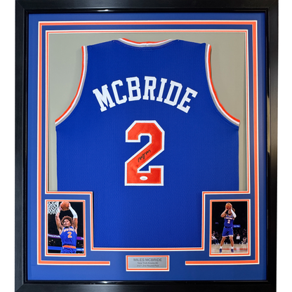 Framed Autographed/Signed Miles Deuce McBride 35x39 New York Blue Basketball Jersey JSA COA