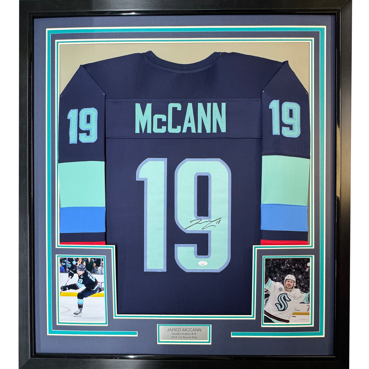 Framed Autographed/Signed Jared McCann 35x39 Seattle Blue Hockey Jersey JSA COA