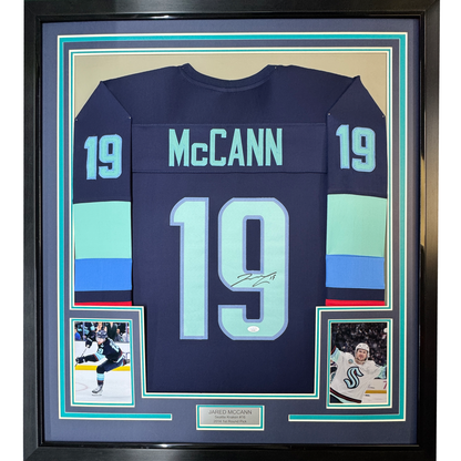 Framed Autographed/Signed Jared McCann 35x39 Seattle Blue Hockey Jersey JSA COA