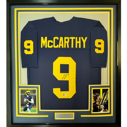 Framed Autographed/Signed J.J. JJ McCarthy 35x39 Michigan Blue College Football Jersey Beckett BAS COA