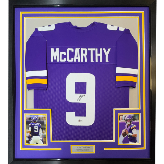 Framed Autographed/Signed J.J. JJ McCarthy 35x39 Minnesota Purple Football Jersey Beckett BAS COA