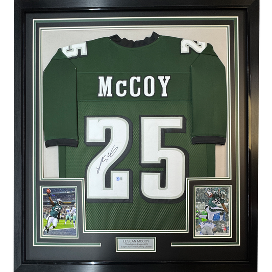 Framed Autographed/Signed LeSean McCoy 35x39 Philadelphia Green Football Jersey JSA COA