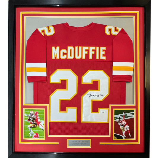 Framed Autographed/Signed Trent McDuffie 35x39 Kansas City Red Football Jersey JSA COA