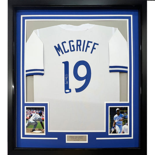 Framed Autographed/Signed Fred McGriff 35x39 Toronto White Baseball Jersey JSA COA
