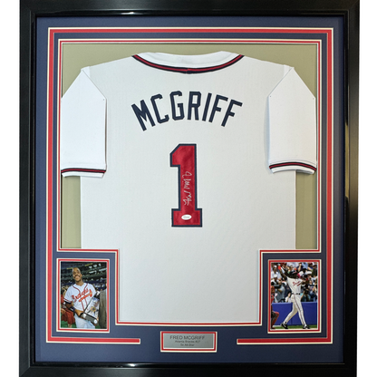 Framed Autographed/Signed Fred McGriff 35x39 Atlanta White Baseball Jersey JSA COA