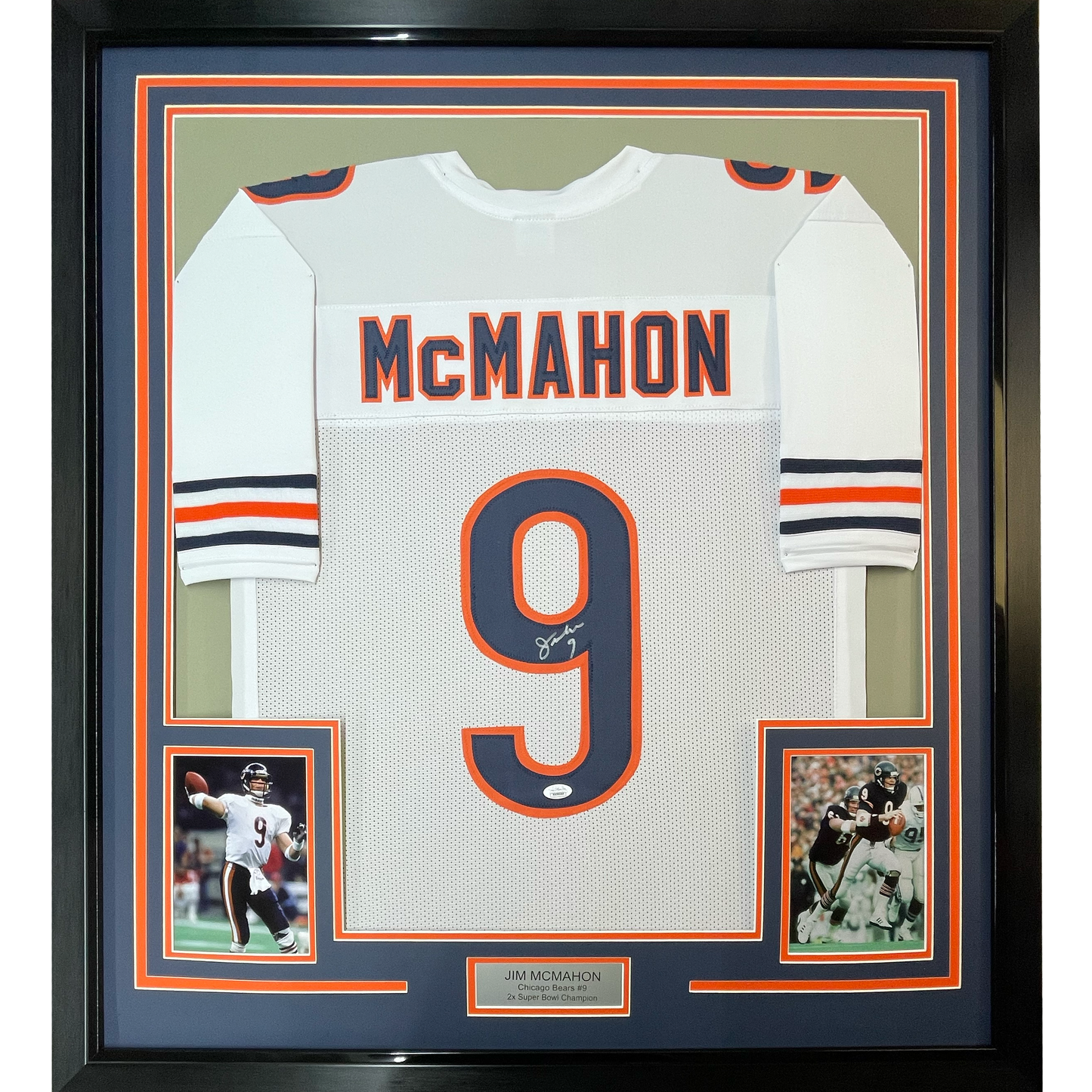 Framed Autographed/Signed Jim McMahon 35x39 Chicago White Football Jersey JSA COA