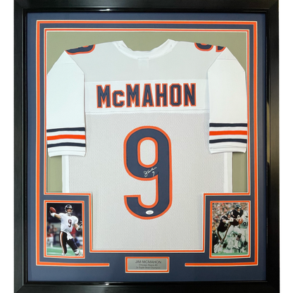 Framed Autographed/Signed Jim McMahon 35x39 Chicago White Football Jersey JSA COA