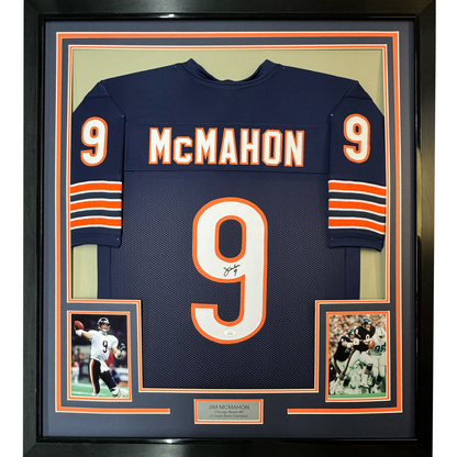 Framed Autographed/Signed Jim McMahon 35x39 Chicago Blue Football Jersey Beckett BAS COA