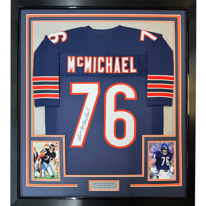 Framed Autographed/Signed Steve McMichael 35x39 Chicago Blue Football Jersey JSA COA