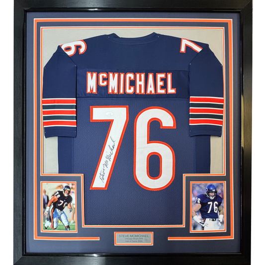 Framed Autographed/Signed Steve McMichael 35x39 Chicago Blue Football Jersey JSA COA