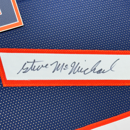 Framed Autographed/Signed Steve McMichael 35x39 Chicago Blue Football Jersey JSA COA