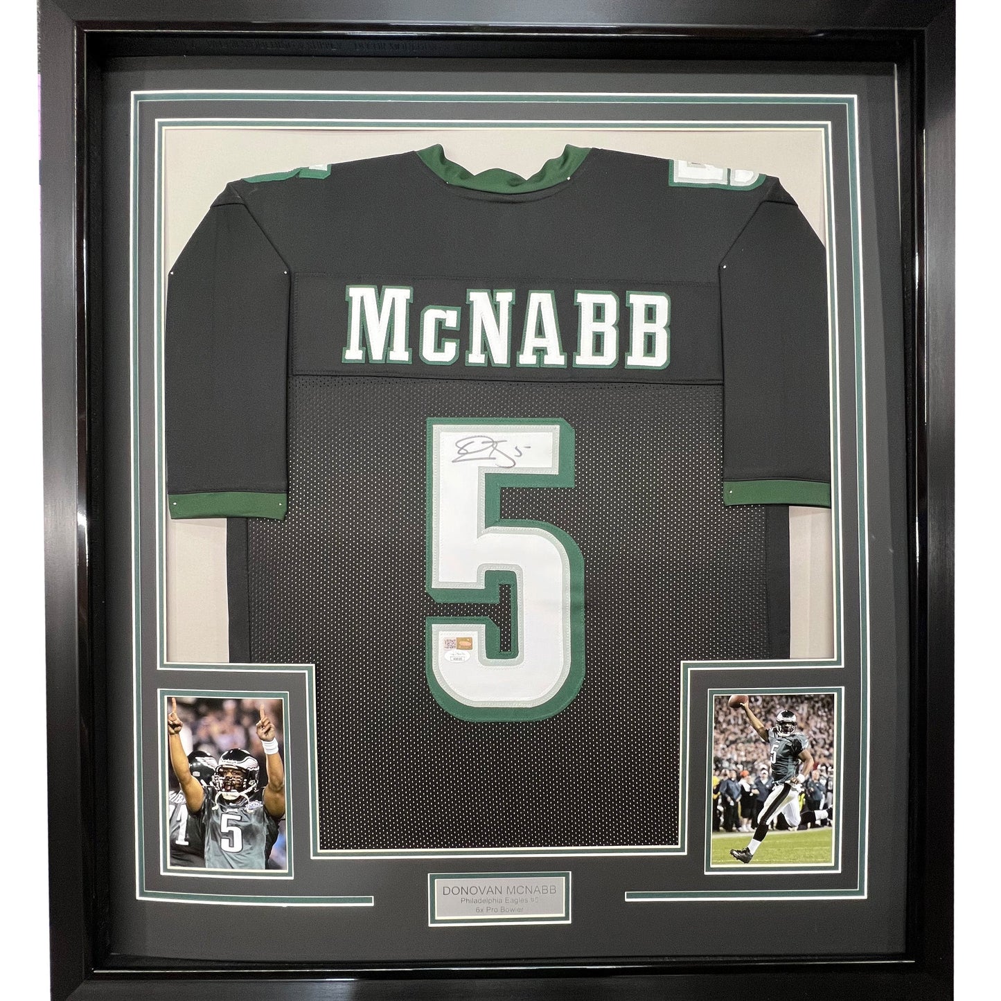 Framed Autographed/Signed Donovan McNabb 35x39 Philadelphia Black Football Jersey JSA COA