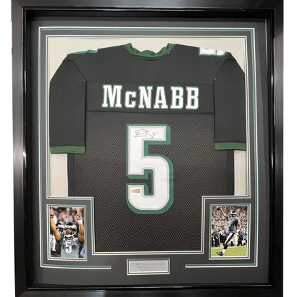 Framed Autographed/Signed Donovan McNabb 35x39 Philadelphia Black Football Jersey JSA COA