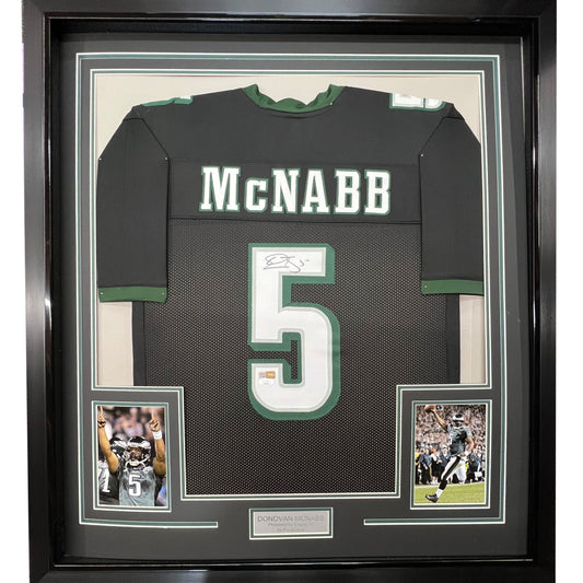 Framed Autographed/Signed Donovan McNabb 35x39 Philadelphia Black Football Jersey JSA COA