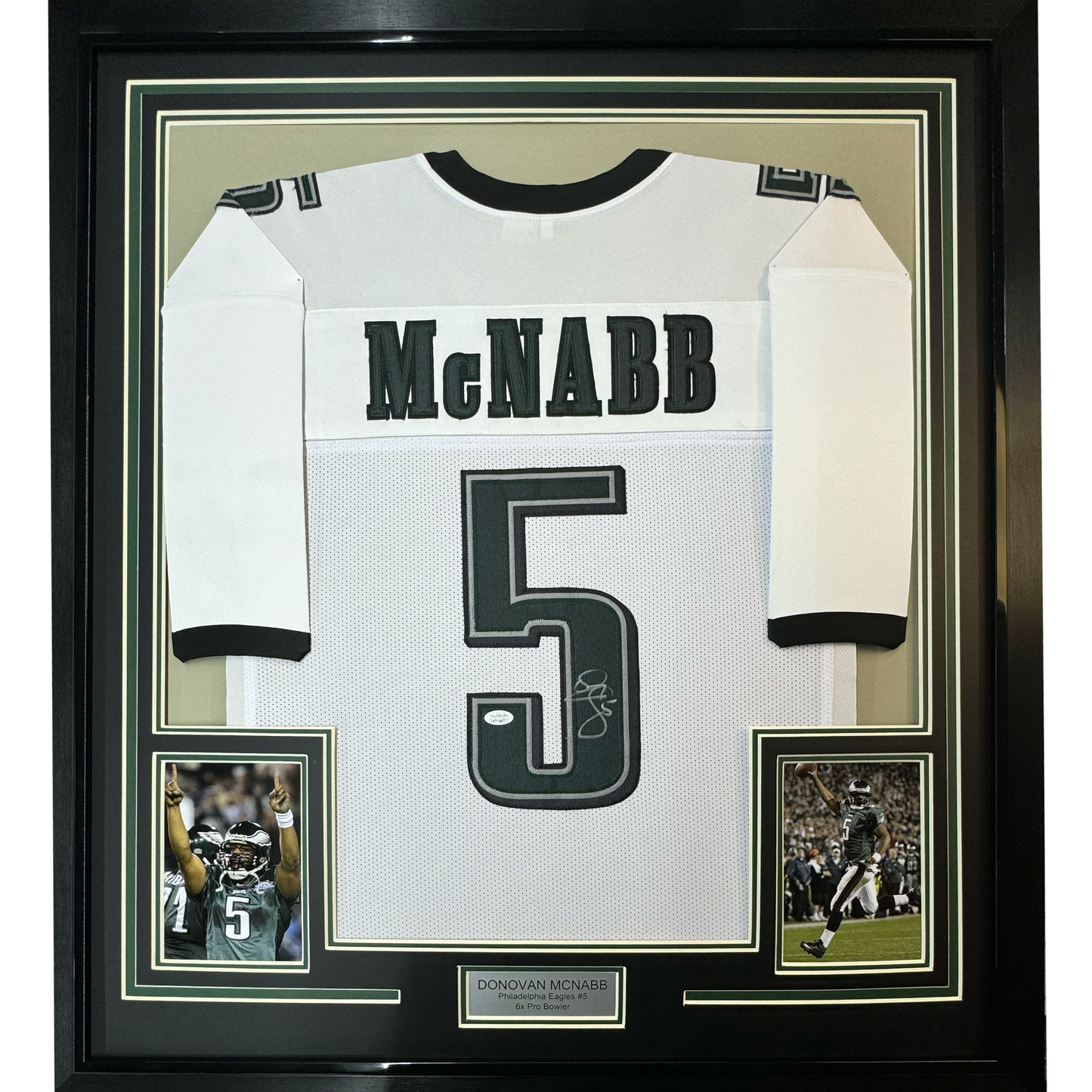 Framed Autographed/Signed Donovan McNabb 35x39 Philadelphia White Football Jersey JSA COA
