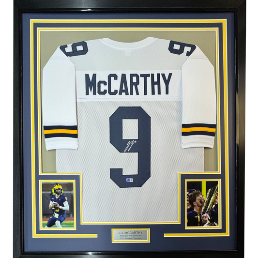 Framed Autographed/Signed J.J. JJ McCarthy 35x39 Michigan White College Football Jersey Beckett BAS COA