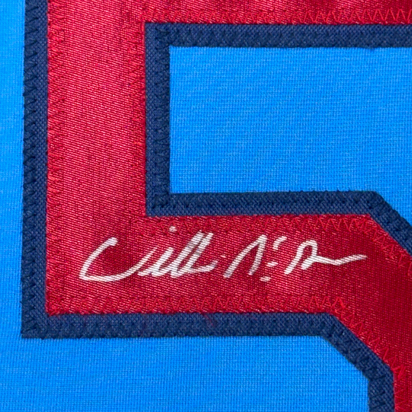Framed Autographed/Signed Willie McGee 35x39 St. Louis Blue Baseball Jersey JSA COA