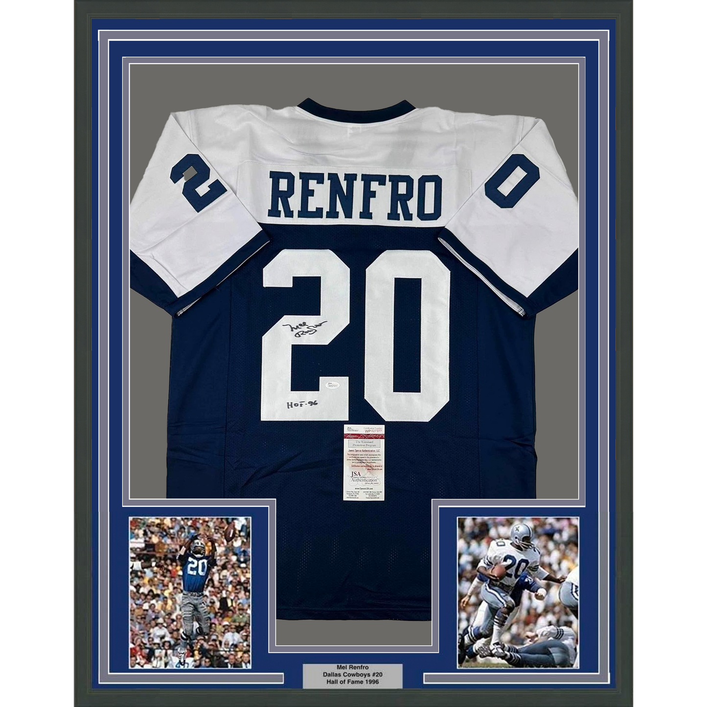 Framed Autographed/Signed Mel Renfro 35x39 HOF 96 Dallas Thanksgiving Day Football Jersey JSA COA