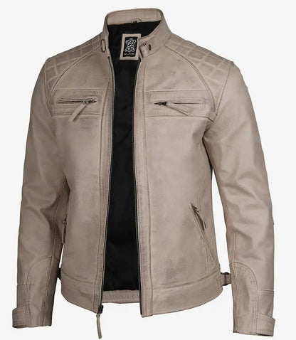 Men Diamond Beige Cafe Racer Leather Jacket