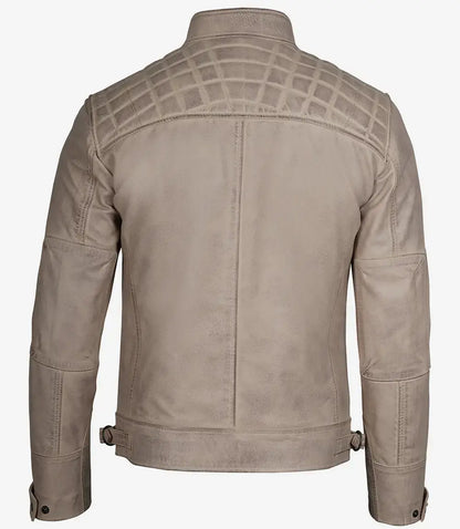 Men Diamond Beige Cafe Racer Leather Jacket