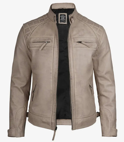 Men Diamond Beige Cafe Racer Leather Jacket