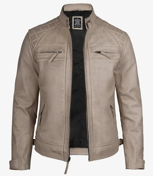 Men Diamond Beige Cafe Racer Leather Jacket