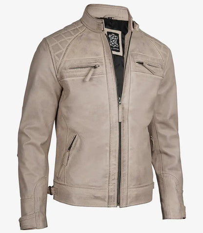 Men Diamond Beige Cafe Racer Leather Jacket