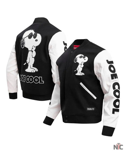 Men’s Black Peanuts Snoopy Joe Cool Full-zip Varsity Jacket