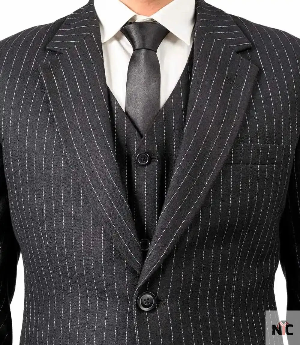 Men's Black Pinstripe 3-Piece Suit – Thomas Peaky Style Formal Outfit