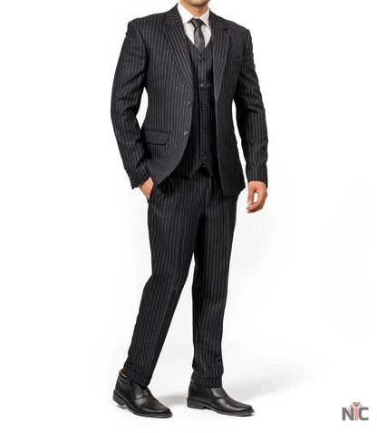 Men's Black Pinstripe 3-Piece Suit – Thomas Peaky Style Formal Outfit