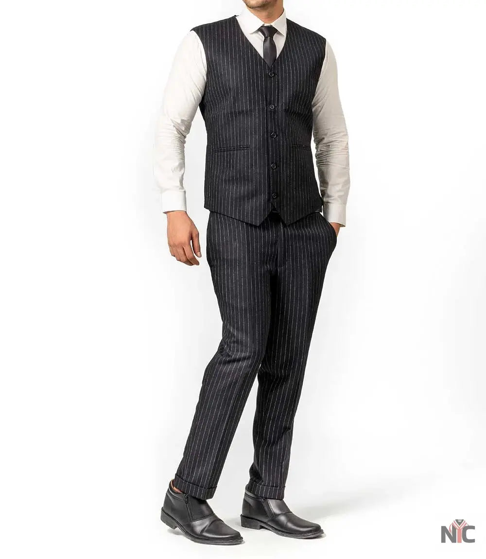 Men's Black Pinstripe 3-Piece Suit – Thomas Peaky Style Formal Outfit