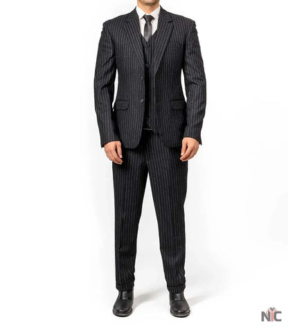 Men's Black Pinstripe 3-Piece Suit – Thomas Peaky Style Formal Outfit