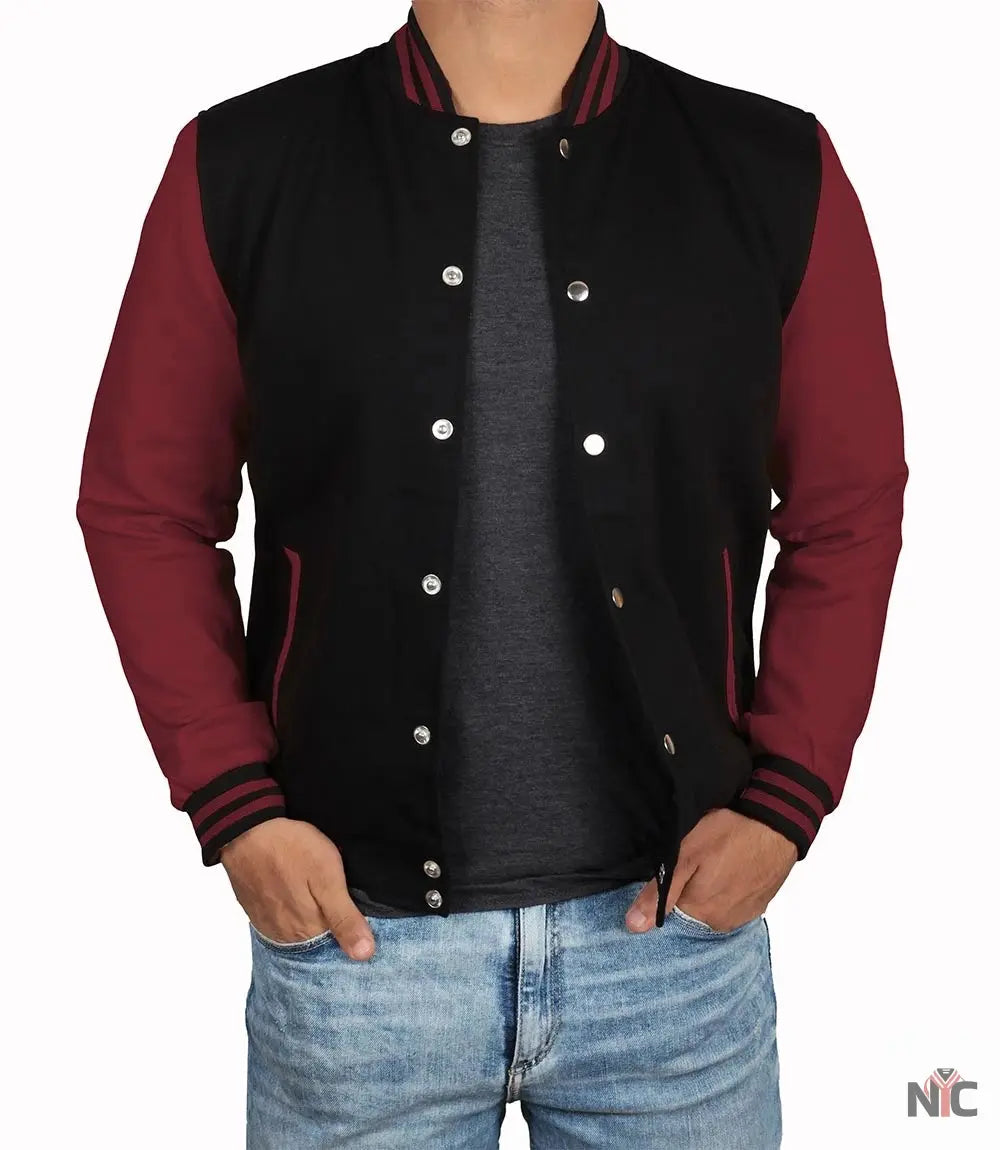 Men's Black & Maroon Varsity Jacket - Bomber Letterman Style