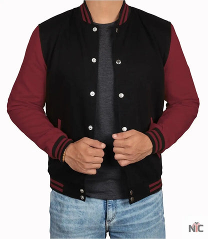 Men's Black & Maroon Varsity Jacket - Bomber Letterman Style